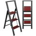 Step Ladder 3 Step Folding, Decorative - Beautiful Mahogany & Silver Aluminum, Ultra Slim Profile, Anti Slip Steps