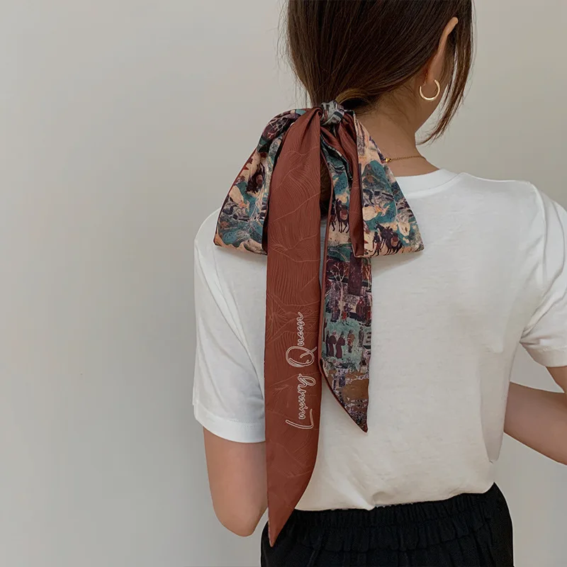 Luxus Haar Schal Frauen Seide Lange Band Foulard Cheveux Marke Design Eleganz Druck Dame Schals Bandana Haar Zubehör Image