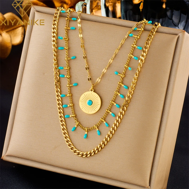 XIYANIKE 316L acier inoxydable doré Collier trois chaînes cercle pendentif nouveauté accessoires pour femmes bijoux cadeau Collier