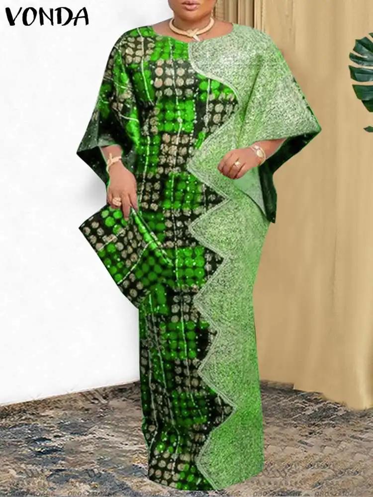 Plus Größe VONDA Frauen Party Kleid 2024 Böhmischen Druck Sommerkleid Casual Lose 3/4 Hülse Robe Vintage Fledermaus-flügel hülse Vestidos