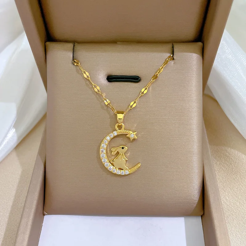 Mode Exquisite Sterne Mond Kaninchen Edelstahl Halskette Für Frauen Luxuriöse Bankett Hochzeit Anhänger Halskette Schmuck Geschenk Image