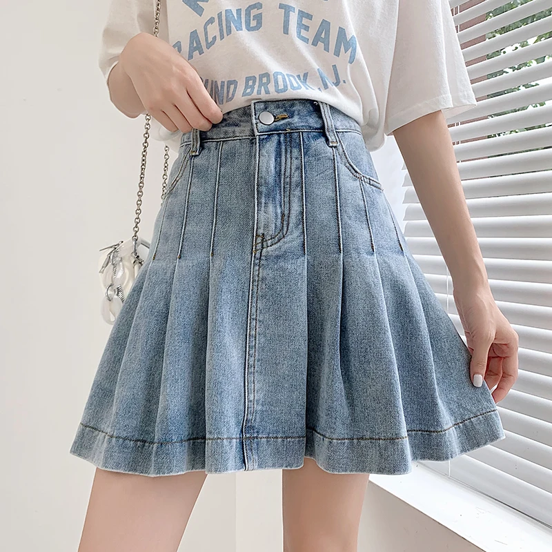 Neue 2024 sommer Denim Röcke Für Frauen Hohe Taille Taschen Plissee Blue Jeans Rock Heißer Sake Koreanische Mode Dame Mini Rock frau Image