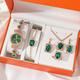 Shining Ladies Watches Gifts Set with Diamond Decorated Bracelet Necklace Ring Earrings Luxury Fashion Jewellery Green Jade Quartz Wrist Womens Watch Rose Gold 5Pcs/Set