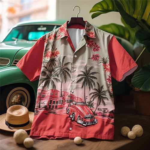 Herren Auto Palme Tropische Pflanzen Hemd Hawaiihemd Sommerhemd Aloha-Shirt Kurzarm Hemd Kubanisches Halsband Modisch Hawaiianisch Outdoor Urlaub Hawaiianisch Gelb Rote Orange S M L Image