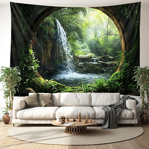 Wasserfall Fensteransicht hängen Wandteppich Wandkunst großer Wandteppich Wandbild Dekor Fotografie Hintergrund Decke Vorhang Haus Schlafzimmer Wohnzimmer Dekoration Cottagecore Wandtuch XXL Natur Image