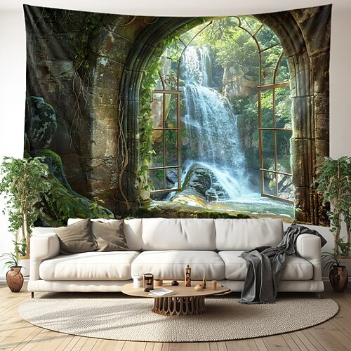 Wasserfall Fensteransicht hängen Wandteppich Wandkunst großer Wandteppich Wandbild Dekor Fotografie Hintergrund Decke Vorhang Haus Schlafzimmer Wohnzimmer Dekoration Cottagecore Wandtuch XXL Natur Image