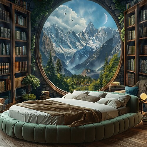 Traumhaus Bookself Wandteppich zum Aufhängen, große Wandteppiche, Wanddekoration, Fotohintergrund, Decke, Vorhang, Heim, Schlafzimmer, Wohnzimmer, Dekoration Wandtuch XXL Natur Image