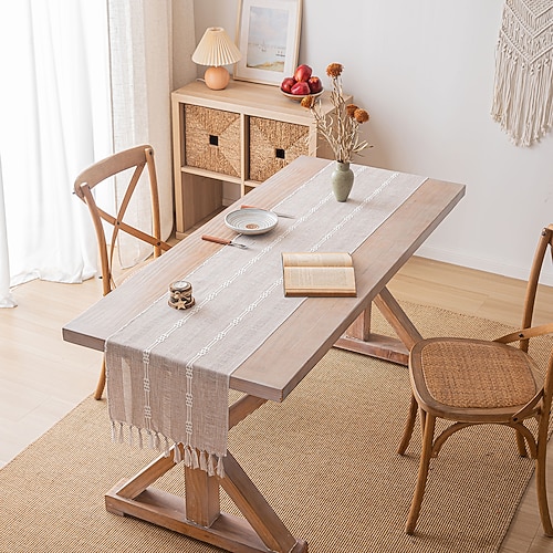 schlichter, einfacher gestreifter Tischläufer mit Fransen und Quaste, 221 cm lang, 35 x 220 cm Image