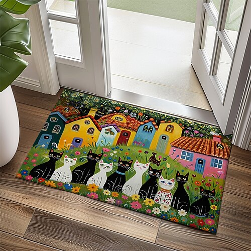 Folk Art Katzen Fußmatte Küchenmatte Bodenmatte rutschfester Teppich Ölfester Teppich Indoor Outdoor Matte Schlafzimmer Dekor Badezimmermatte Eingangsbereich Teppich Image