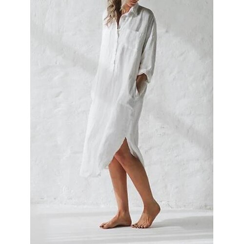 Per donna Abito Midi Finto cotone e lino Abito Camicia Abito Bianco Abito in lino Casual Quotidiano Vestibilità comoda Semplice Manica Lunga Colletto a Camicia Blu Bianco Viola Estate Primavera