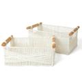 LA JOLIE MUSE Wicker YPF5 Storage Baskets for Organizing Paper Rope Basket with Wood Handles Decorative Hand Woven Basket Organizers for Makeup Books Shelves Living Room White Set of 2