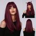 Dengmore Long Wig with Bang High Temperature Silk Wig Burgundy Long Hair Centered Curly Hair With Rose Net Natural Looking Heat Resistant Fibre Wig for Daily Party Use