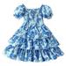 Tengma Toddler Girls Dresses Print Ruffle Trim Round Neck Puff Sleeve Flared A Line Dress Princess Dresses Blue 130