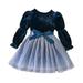 Virmaxy Toddler Baby Girls Gradient Princess Dresses Long Sleeve Mesh Dress Bubble Sleeve Dress Winter Velvet Patchwork Mesh Gown Dress Ruffle Cuff Dress Blue 3T