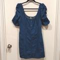 Free People Dresses | Free People Women's Cheyenne Blue Denim Mini Dress Sz L-Ruched Sleeves Smocked | Color: Blue | Size: L