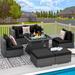 7 Piece Outdoor Furniture Wicker Sectional Sofa Set with Fire Pit Table