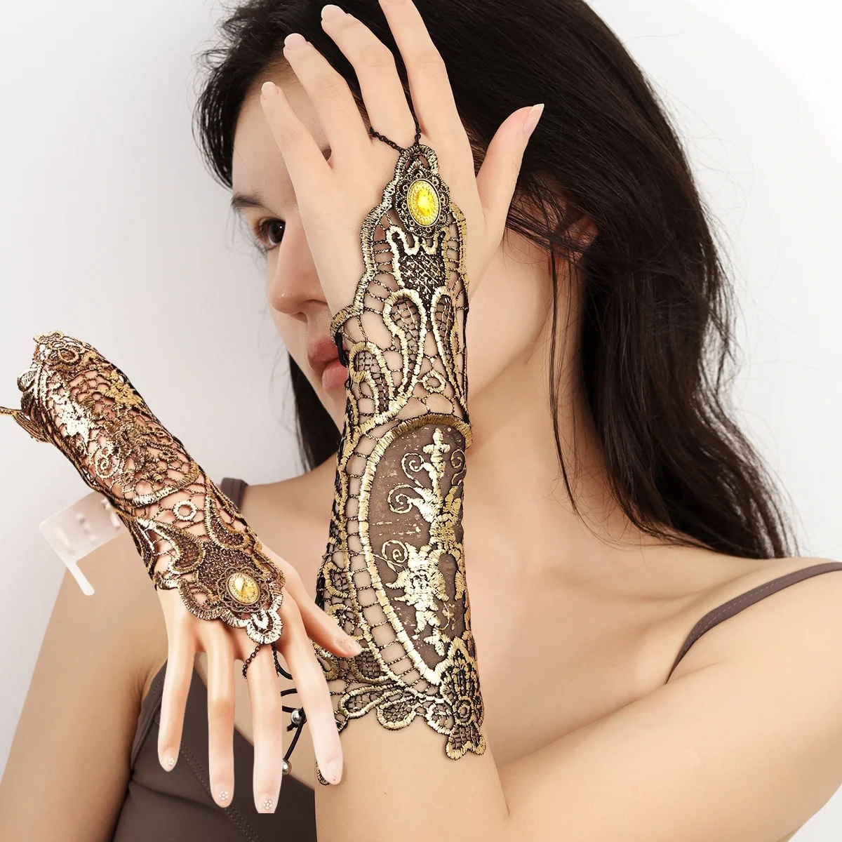 Goldhandschuhe Vintage Spitze Spitzenhandschuhe Damen Kleid Dekoration Passende fingerlose Handgelenkmanschette Anime Cosplay Kostümzubehör Image