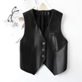 2024 New Spring Women's Casual V-neck Button Imitation Leather Fine Cut Black Vest Female Waistcoat