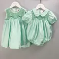 Baby Girl Clothing Smocking Bubble Handmade Court Style Green Cotton Puff Short Sleeve Summer Romper