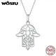 WOSTU 925 Sterling Silver Turkish Hamsa Hand Fatima Charm Necklace For Women Hollow Flower Pendant