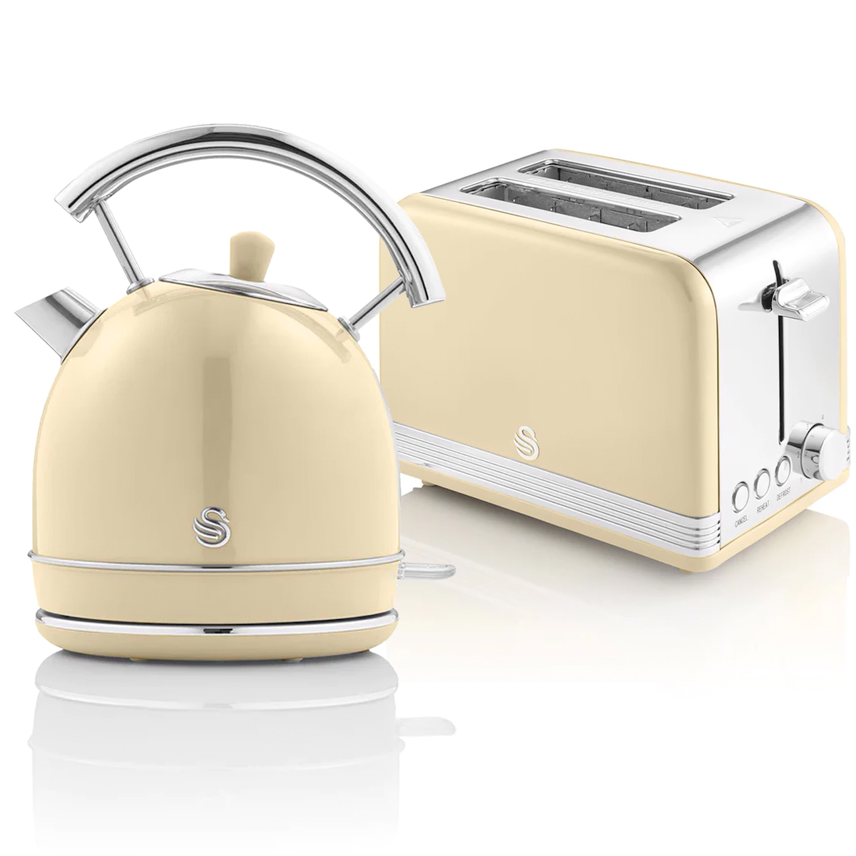 SWAN STP7050CNEU Retro Set Frühstück, Wasserkocher 1,8L Kabellos, 2 Breitschlitz-Toaster, Vintage, Creme, 850W Image