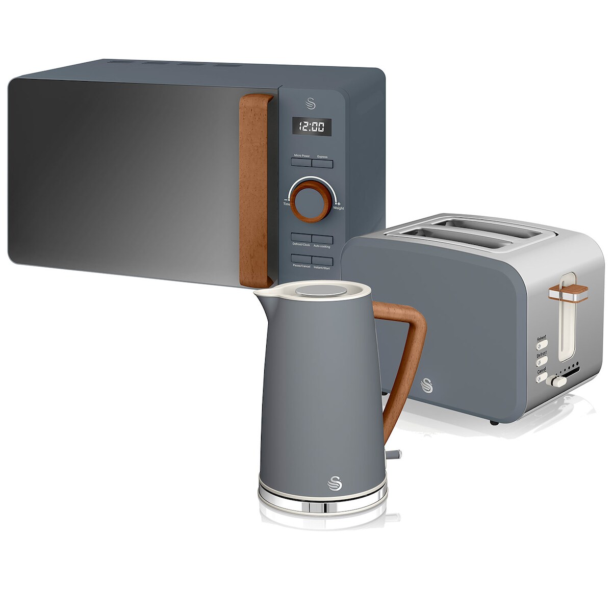 SWAN STRP1060GRYNEU Set Frühstück Wasserkocher Breitschlitz-Toaster Mikrowelle 20L Nordic grau, Grau, 2200W Image