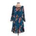 Xhilaration Casual Dress Boatneck Long sleeves: Blue Floral Dresses - Women's Size Large