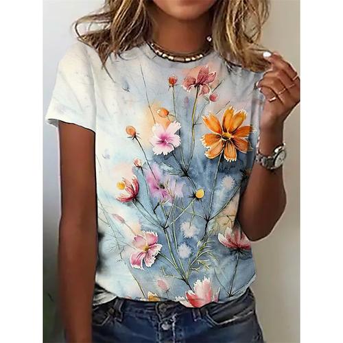 Women's T Shirt Floral Fashion Short Sleeve Round Neck Regular Tops Vacation Weekend Print Pink Blue Purple Summer