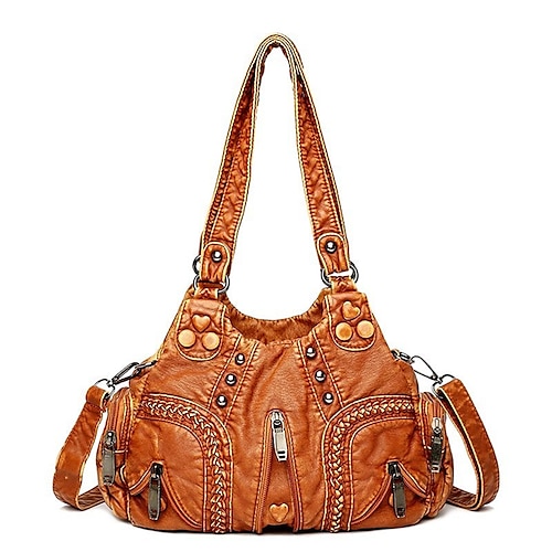 Damen-Umhängetasche aus braunem Vintage-Leder – stilvolle Handtasche mit mehreren Taschen, geflochtenen Details und Reißverschluss-Akzenten für den Alltag und auf Reisen