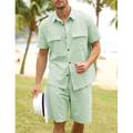 Homme Chemise Chemise Lin 2 Pièces Ensemble chemises Blanche Bleu Vert Manches courtes Plein Col Eté Printemps Extérieur Plein Air Vêtement Tenue Poche