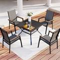 simple 7 PCS Patio Dining Set with 6 Aluminum Sling Chair (Wooden Armrest) and 1 Wood-Like Top Table Outdoor Furniture for 6