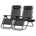 CLkPde Set of 2 Relaxing Recliners Patio Chairs Adjustable Steel Mesh Lounge Chair Beach Chairs with Pillow and Cup Holder Black