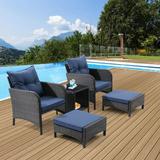 5 Piece Outdoor Patio Furniture Set with Bench and Glass Coffee Storage Side Table All Weather PE Rattan Lounge Set with Removable Cushions and Armrests for Patio Lawn Pool Peacock Blue