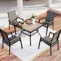 7 PCS Patio Dining Set with 6 Aluminum Sling Chair (Wooden Armrest) and 1 Wood-Like Top Table Outdoor Furniture for 6