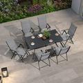 simple LEAF 9 Pieces Outdoor Patio Dining Set with 8 Folding Portable Chairs and 1 Rectangle Aluminum Table Foldable Adjustable High Back Reclining Chairs with Soft Cotton-Padded Seat G