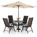 simple & William Outdoor 6 Pieces Dining Set with 4 Rattan Chairs 1 Metal Table and 1 10ft 3 Tier Auto-tilt Umbrella(No Base) Orange Red Modern Patio Furniture for Poolside Porch