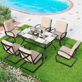 simple 7 Piece Outdoor Patio Dining Set 6 Spring Motion Cushion Chairs 1 Rectangular Table with 1.57 Umbrella Hole Furniture Sets for Lawn Backyard Garden Red