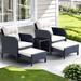 5 Pieces Patio Rattan Furniture Set Outdoor Conversation Set with Cushioned Chair & Ottoman & Tempered Glass Coffee Table Beige