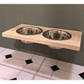 Floating Wood Height-Flexible Wall Mount Dog/Cat/Pet Food & Water Bowl Holder/Feeder 2 S.S. Dishwasher-Safe Bowls (~ 1 Quart / 32 Oz / 900 Ml) For -Size Pets. 2-Screw Installation.