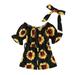 Baby Outfits For Girls Floral Sunflowers Printed Short Sleeves Rompers Jumpsuit Bow Tie Two Pieces Set Baby Girls Clothing Yellow 4 Years-5 Years