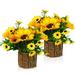 Ozzptuu Silk Sunflowers Artificial Flowers Fake Potted Flowers Sunflower Bouquet Decorations Faux Flowers in Wooden Vase Set of 2