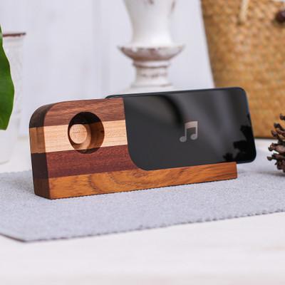 Wooden Sounds,'Handcrafted Teak Wood Smartphone Speaker with Brown Stripes'