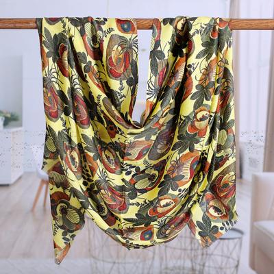 Leafy Fantasy,'Leafy and Floral Printed Jonquil Wool and Silk Blend Shawl'