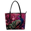 FNETJXF Tote Bag for Women, Faux Leather Large Tote Bags for Women, Tote Bag with Zipper, Peacock Painting Purple Magnolia Vintage Art, Totes for Women