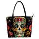 FNETJXF Tote Bag, Faux Leather Large Tote Bags for Women, Tote Bag with Zipper, Mexican Vintage Flower Sugar Skull, Tote Bags Women