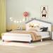 Full Size Wooded House-shaped Headboard Platform Bed with Motion Activated Night Lights, Cream+Walnut