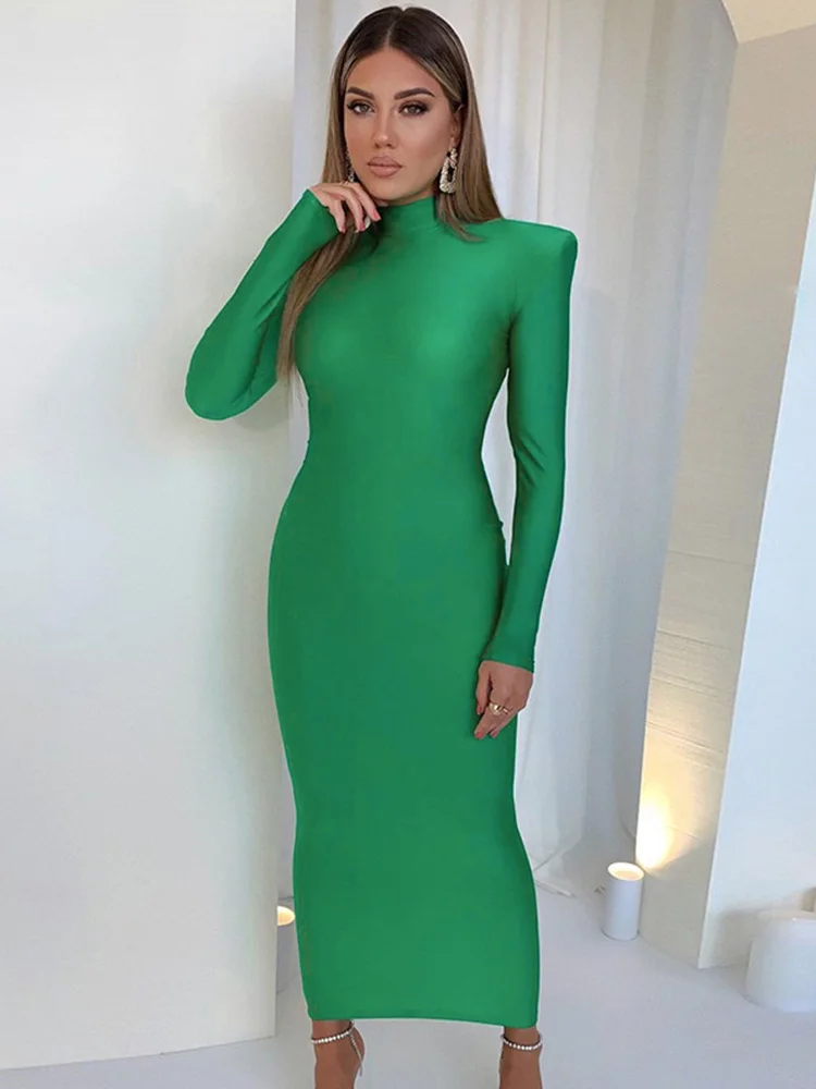 Schulter Gepolsterte Lange Hülse Bodycon Grün Party Club Maxi Langes Kleid Frühling Herbst Frauen Mode Elegante Kleidung