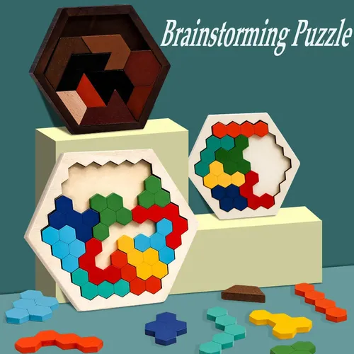 3D sechseckige Holz puzzles Lernspiel zeug für Kinder Kinder Vorschule Tangram Board Gehirn iq