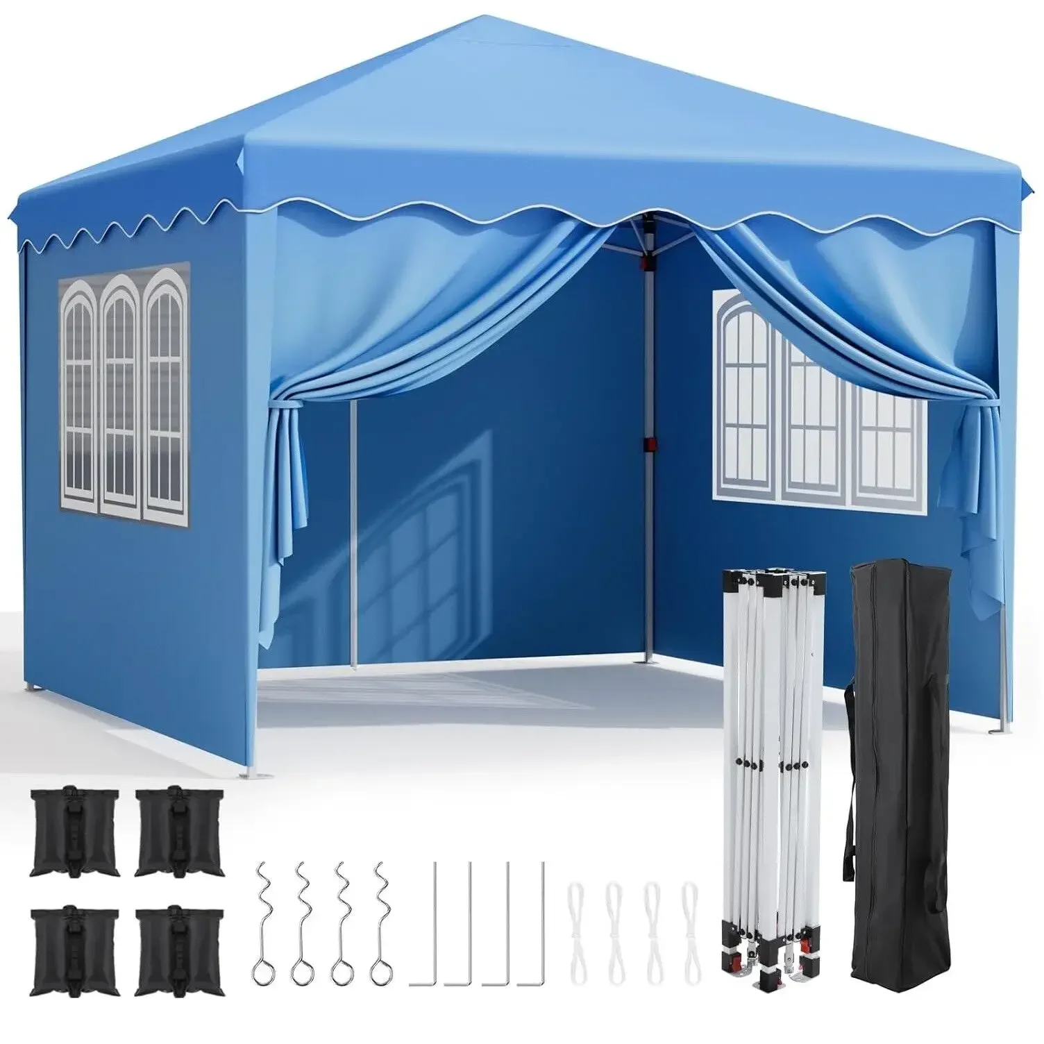 Pop-Up-Überdachung mit Seitenwänden, Winterpavillon für den Außenbereich, 10'x10' (3x3m) Partyzelt, verstellbare Beinhöhen, Fenster, Tragetasche mit Rollen