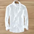 Chemise en lin à manches longues pour hommes style italien chemises décontractées haut blanc uni